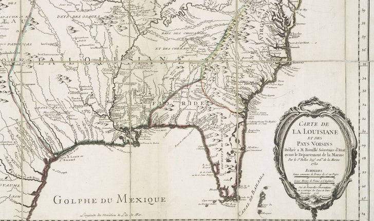 Un document intitulé «Carte de la Louisiane et des pays voisins», réalisé par Jacques-Nicolas Bellin vers 1750
